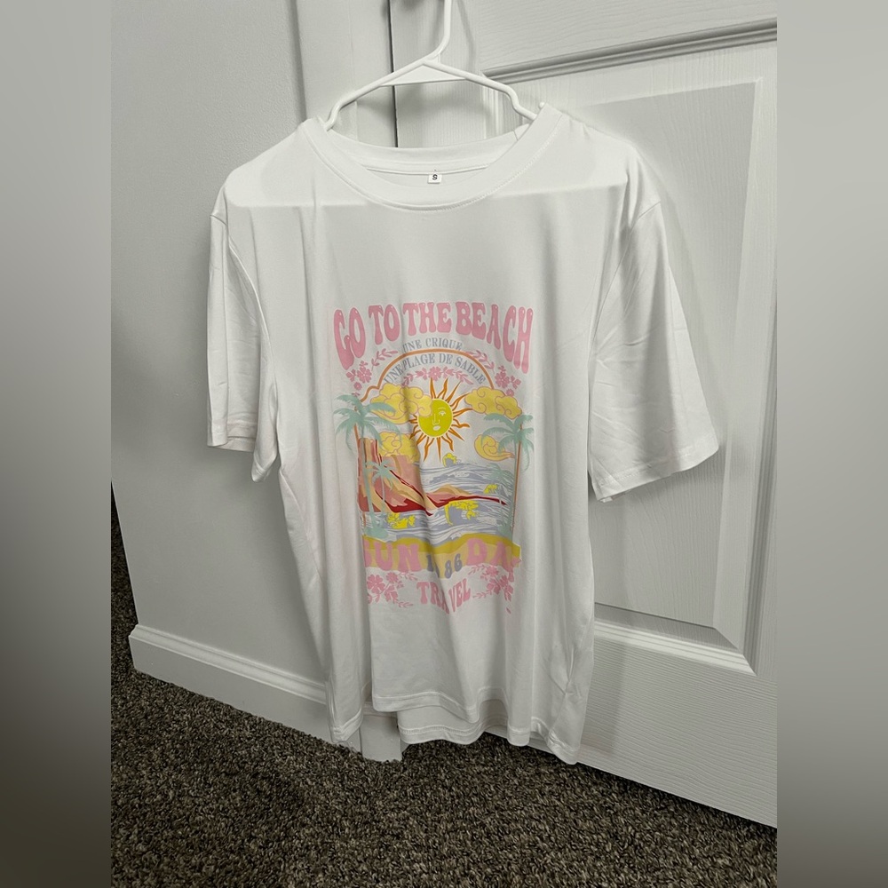 White Oversized T-Shirt with Colorful Beach Graphic